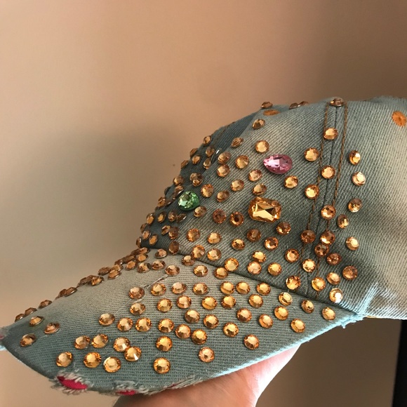 NWOT Distressed look denim baseball cap w/rhinestones - Picture 2 of 6